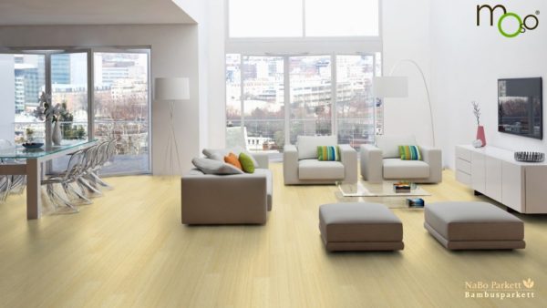 Moso Bamboo Elite - Bambus 3-Schicht Dielen - Hochkantlamelle naturhell - offenes Wohnzimmer mit Essplatz, romantisch