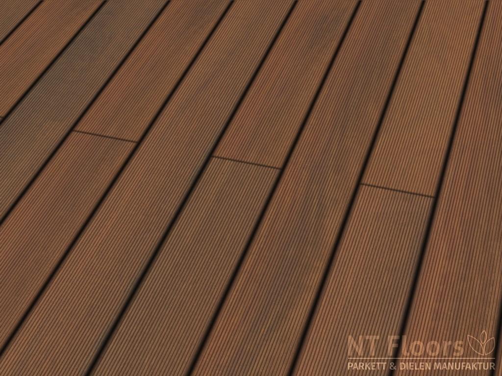 Holz Terrassendiele IPE Systemdiele gerillt - PRIME KD mit kopfseitiger Nut-Feder Verbindung zur Endlosverlegung - Sichtseite fein gerillt - NT Floors Leipzig